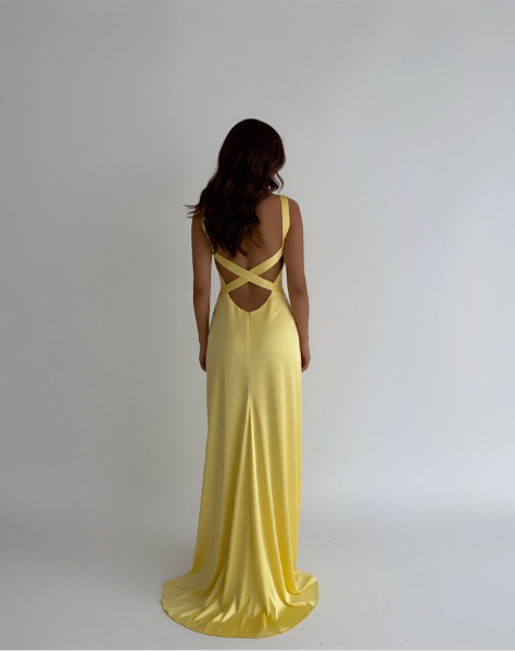 Simple Mermaid Straps Yellow Backless Long Prom Dress P1669