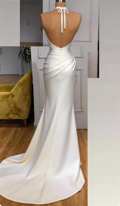 Robes de bal longues ivoire sans manches dos nu sirène vintage P496