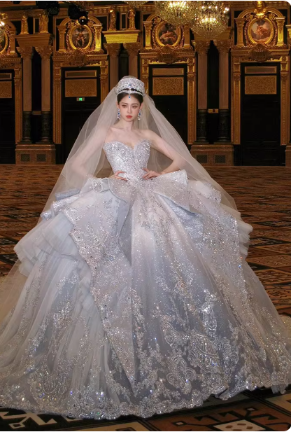 Dreamy Blue Gradient Off-the-shoulder Beaded Luxury Floor-length Wedding Dress P2518