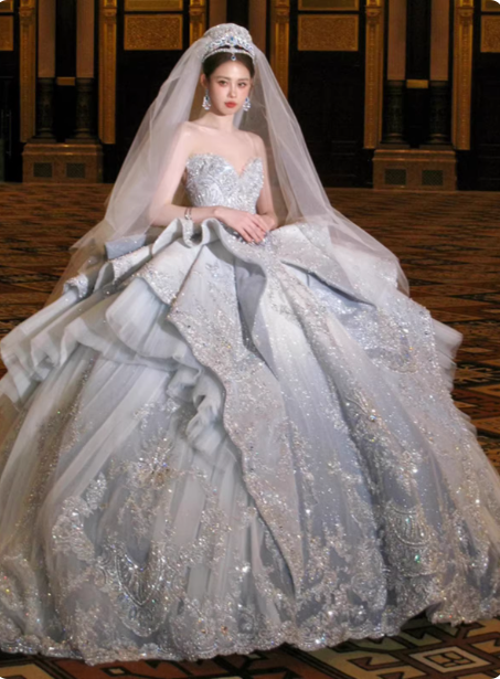 blue and silver wedding dress Dreamy Blue Gradient Off-the-shoulder Beaded Luxury Floor-length Weddi – PreppyDress