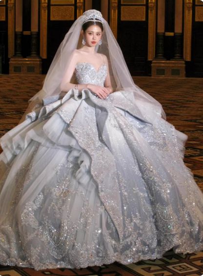 Dreamy Blue Gradient Off-the-shoulder Beaded Luxury Floor-length Weddi –  PreppyDress