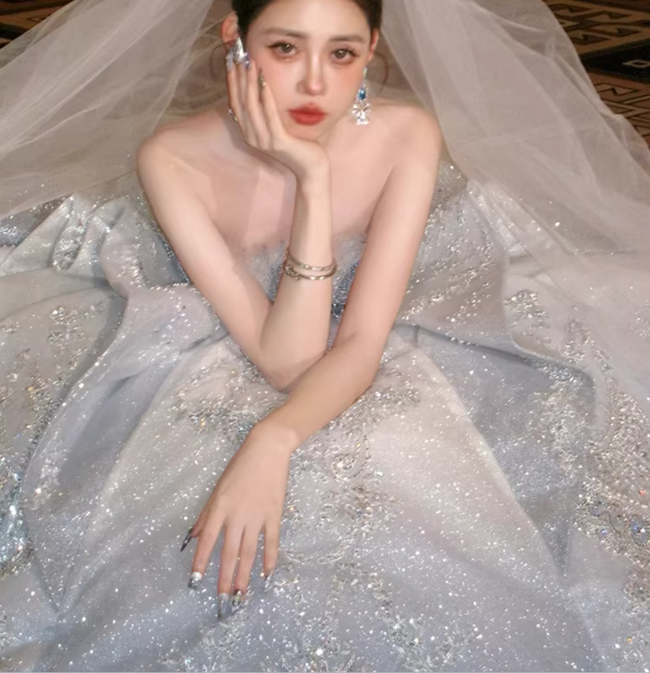 Dreamy Blue Gradient Off-the-shoulder Beaded Luxury Floor-length Wedding Dress P2518