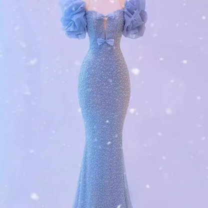 Classic Mermaid Strapless Sequin Blue Prom Dresses Long Prom Dress P482