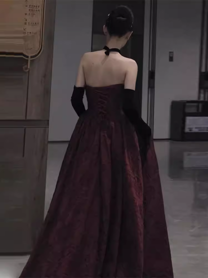 Classic Ball Gown Strapless Satin Burgundy Prom Dresses Long Prom Dress P481