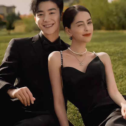 Klassisches Meerjungfrau Spaghetti-Träger Schwarz Satin Ballkleid Langes Ballkleid P478