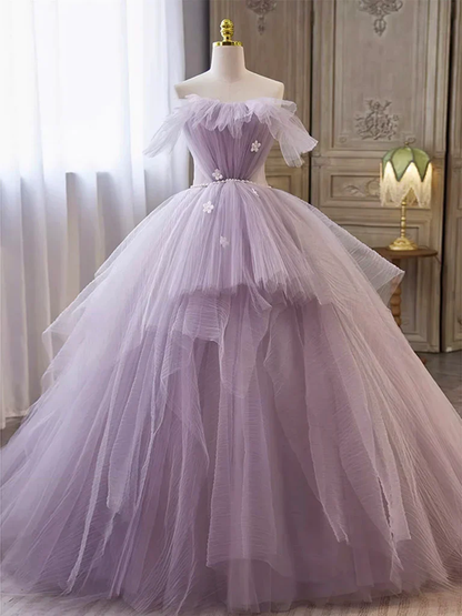 Robe de bal bustier longue en tulle lilas avec ceinture de perles P519