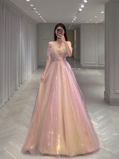 Sexy A-Linien Off-Shoulder-Ballkleider mit Ärmeln, langes Abschlussballkleid P516