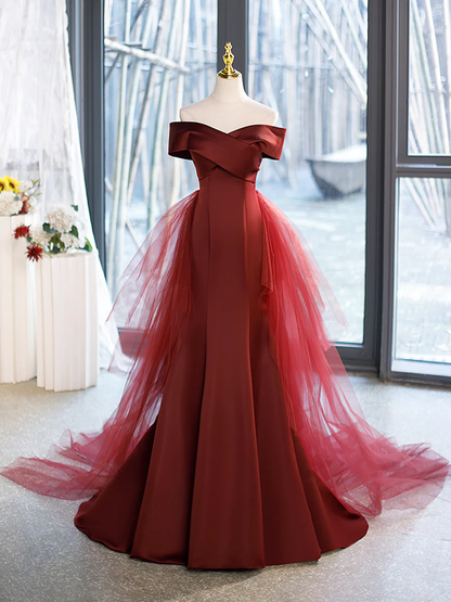 Meerjungfrau V-Ausschnitt Satin langes bordeauxrotes Ballkleid mit Schleife P575