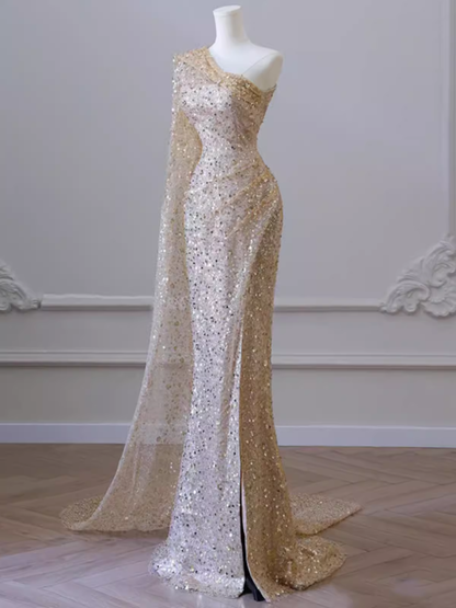 Sexy Meerjungfrau Pailletten One-Shoulder Abendkleid mit Schlitz P522