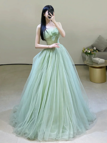 Sexy grünes trägerloses Tüll-Bodenlanges Ballkleid P569