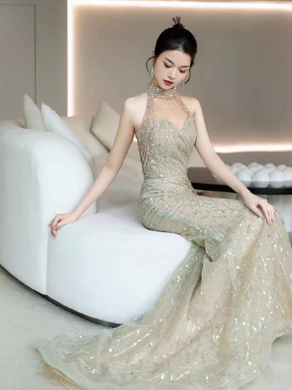 Luxuriöses Meerjungfrauen-Pailletten-Ballkleid, langes Ballkleid P546