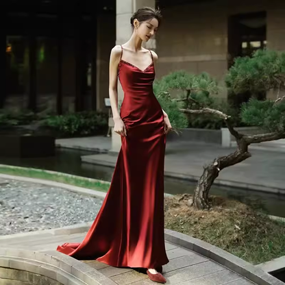 Sexy Meerjungfrau Seidensatin Burgund Ballkleid Lange Ballkleider P552