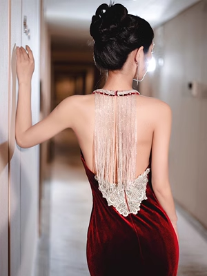 Luxus Meerjungfrau Samt Abendkleid Rot Langes Ballkleid P556