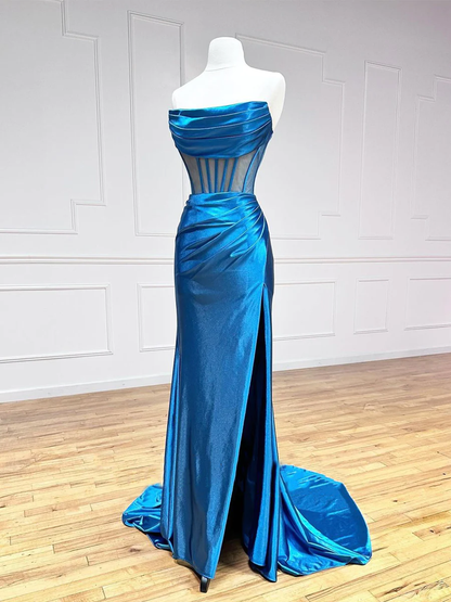 Wunderschönes blaues trägerloses plissiertes langes Ballkleid mit Schlitz P573