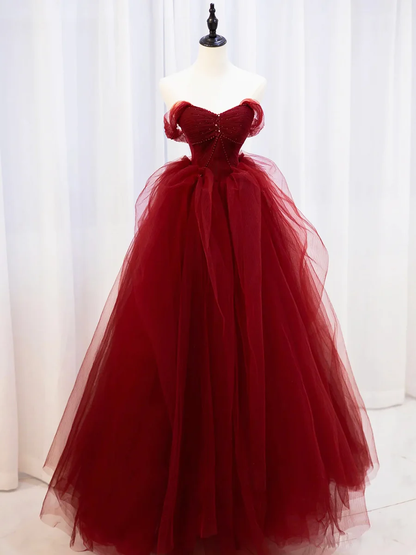 Wunderschönes weinrotes Sweetheart Tüll langes Ballkleid mit Perlen P571