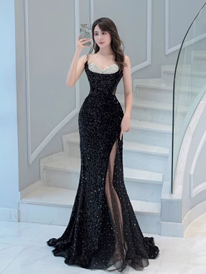 Luxus Meerjungfrauen-Pailletten-Abendkleid Schwarz Langes Ballkleid P557