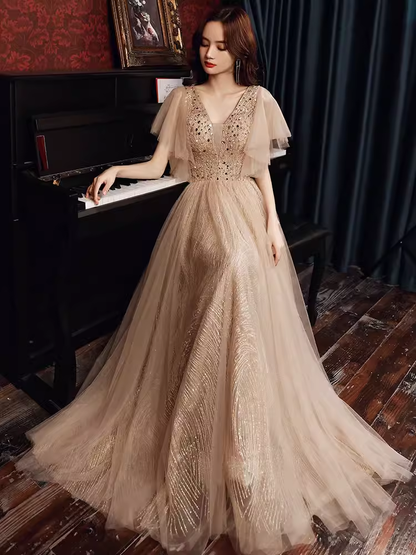 Charmante robe de bal ligne A couleur champagne avec manches bouffantes longues robes de bal P530