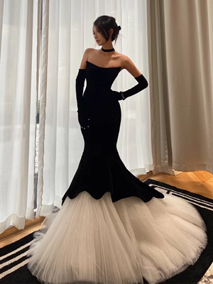 Luxury Mermaid Velvet Evening Dress Black Long Prom Dress With Gloves PreppyDress Luxury Mermaid Velvet Evening Dress Black Long Prom Dress With Gloves PreppyDress