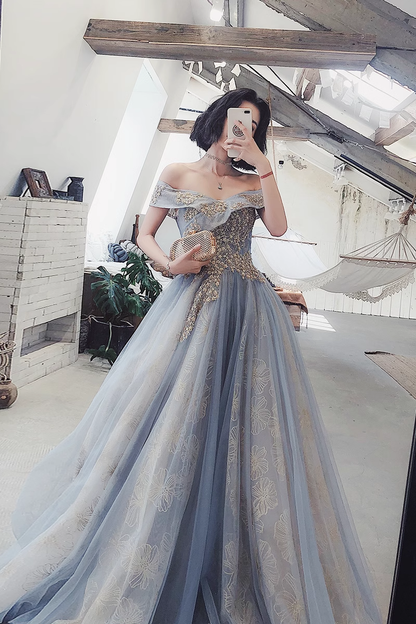 Sexy A line Off The Shoulder Gray Blue Prom Dresses Lace Long Prom Gown P517