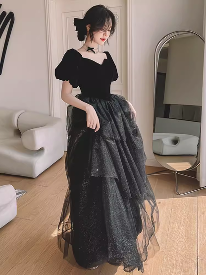Ball Gown Black Prom Dress With Puffy Sleeves Long Prom Dresses P529 –  PreppyDress