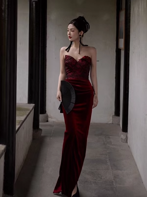 Sexy Meerjungfrau Sweetheart Samt Bordeaux Langes Ballkleid P568
