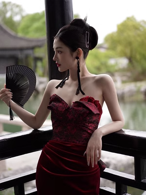 Sexy Meerjungfrau Sweetheart Samt Bordeaux Langes Ballkleid P568