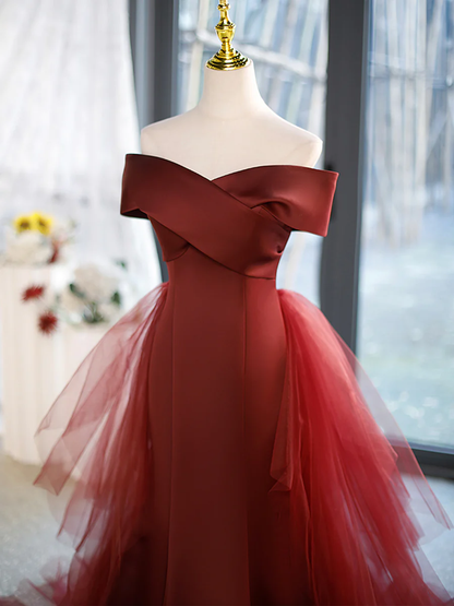 Meerjungfrau V-Ausschnitt Satin langes bordeauxrotes Ballkleid mit Schleife P575