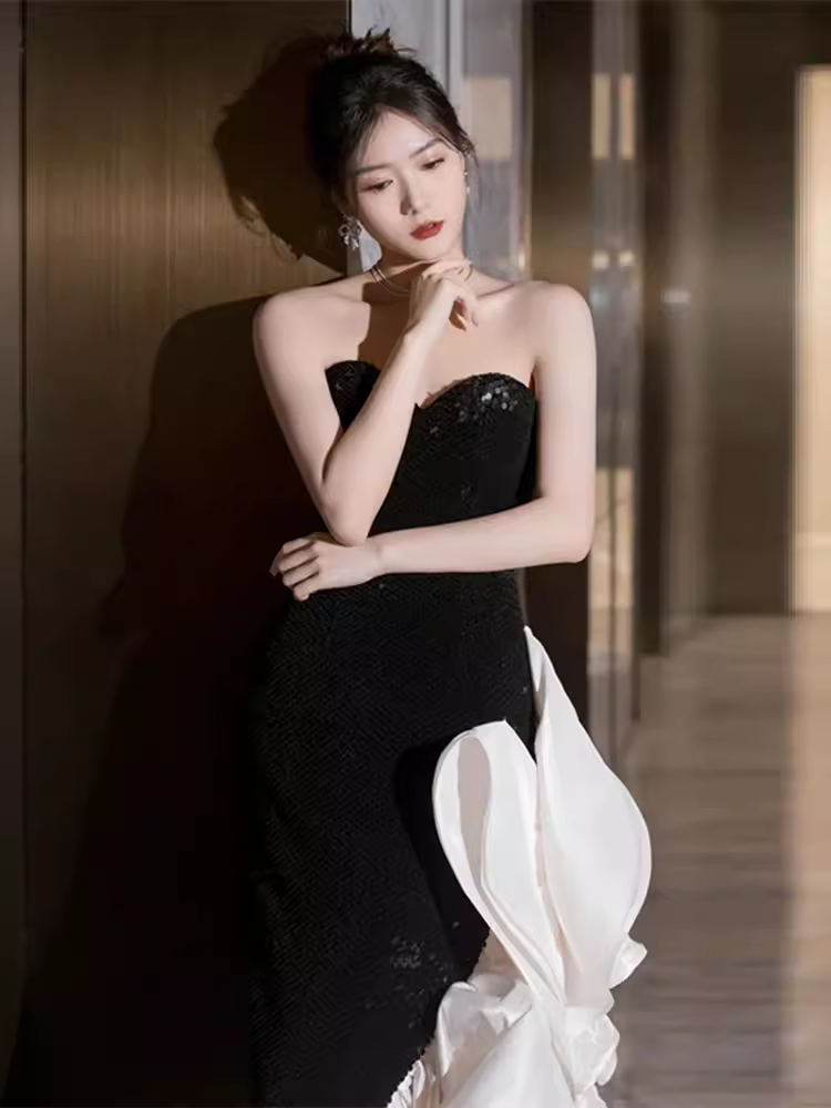 Mermaid Sweetheart Black Satin Prom Dress Long Prom Dresses P542