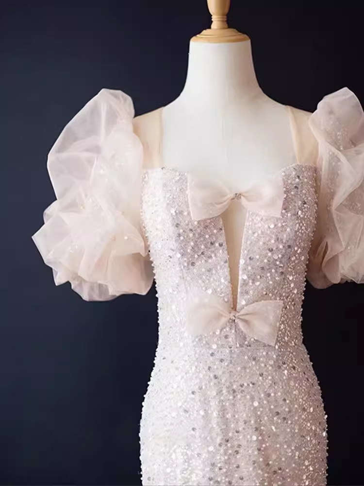 Sparkly Mermaid Sleeveless Sequin Light Pink Long Prom Dress P525