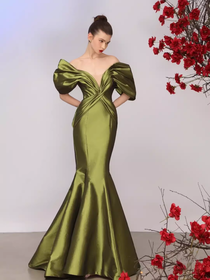 Sexy Meerjungfrau Off Shoulder Grünes Ballkleid Satin Langes Ballkleid P518