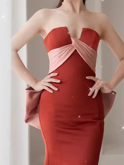 Robe de bal sirène en satin rouge rouille, longues robes de bal P551