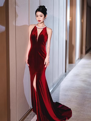 Luxus Meerjungfrau Samt Abendkleid Rot Langes Ballkleid P556