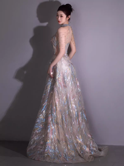 Glitzerndes A-Linien-Bling-Pailletten-langes Ballkleid P526