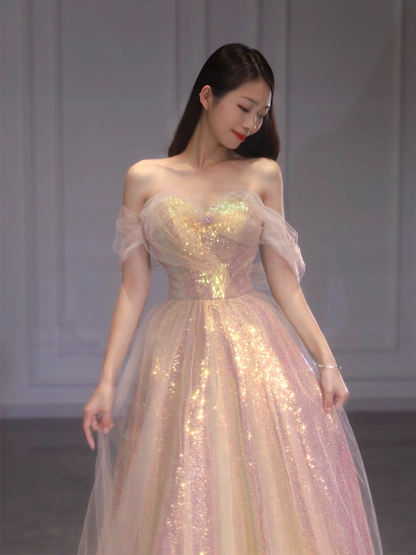 Sexy A-Linien Off-Shoulder-Ballkleider mit Ärmeln, langes Abschlussballkleid P516