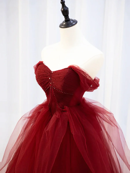 Wunderschönes weinrotes Sweetheart Tüll langes Ballkleid mit Perlen P571
