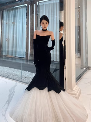 Luxury Mermaid Velvet Evening Dress Black Long Prom Dress With Gloves PreppyDress Luxury Mermaid Velvet Evening Dress Black Long Prom Dress With Gloves PreppyDress