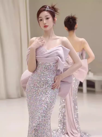 Meerjungfrau Prinzessin Pailletten Flieder Ballkleid Lange Ballkleider P549
