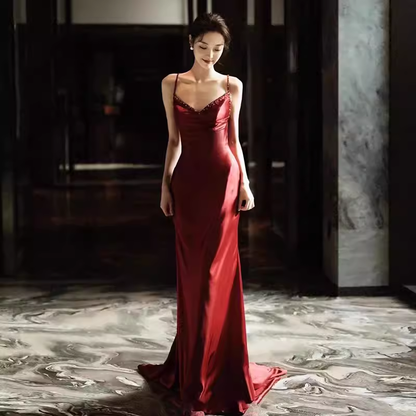 Sexy Meerjungfrau Seidensatin Burgund Ballkleid Lange Ballkleider P552