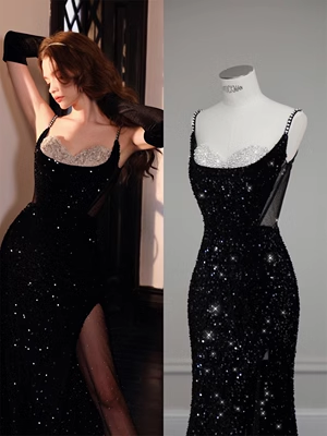 Luxus Meerjungfrauen-Pailletten-Abendkleid Schwarz Langes Ballkleid P557