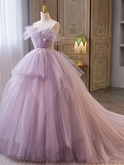 Robe de bal bustier longue en tulle lilas avec ceinture de perles P519