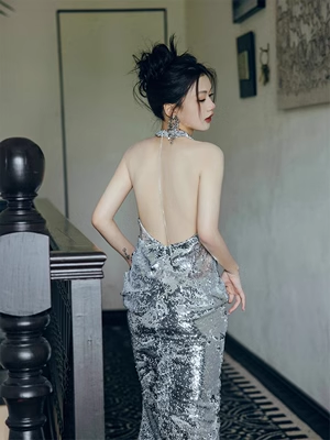 Sexy Meerjungfrauen-Abendkleid Pailletten Silber Lang P564