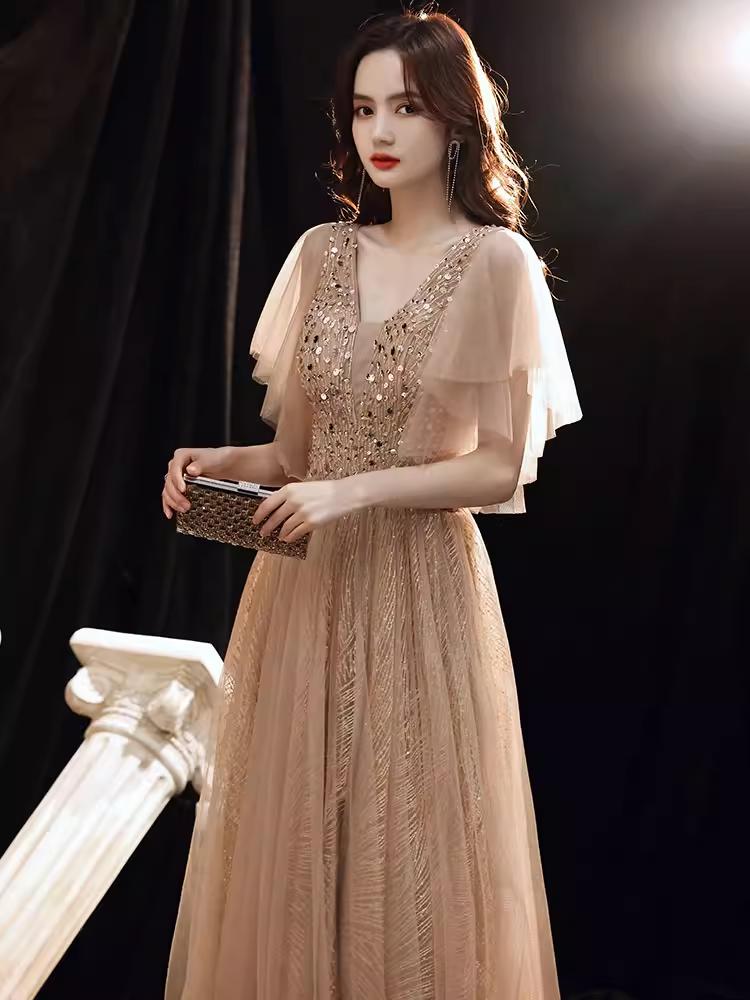Charming A line Champagne Prom Dress With Puffy Sleeves Long Prom Dres PreppyDress Charming A line Champagne Prom Dress With Puffy Sleeves Long Prom Dres PreppyDress