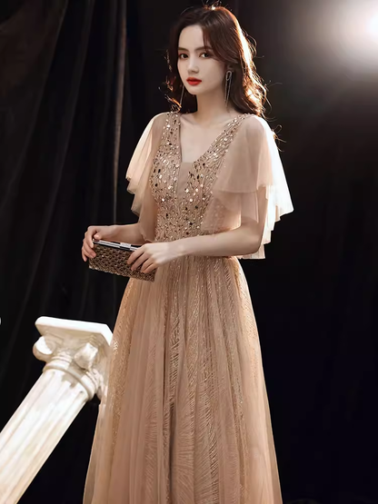 Charmante robe de bal ligne A couleur champagne avec manches bouffantes longues robes de bal P530