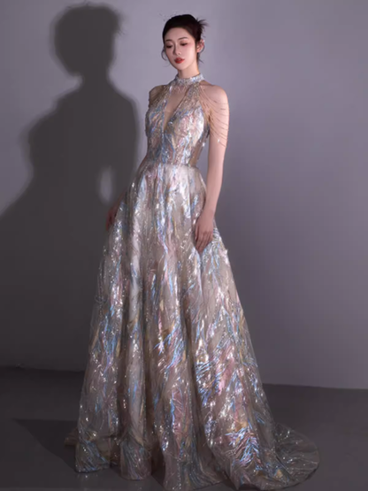 Glitzerndes A-Linien-Bling-Pailletten-langes Ballkleid P526