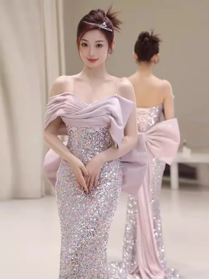 Meerjungfrau Prinzessin Pailletten Flieder Ballkleid Lange Ballkleider P549
