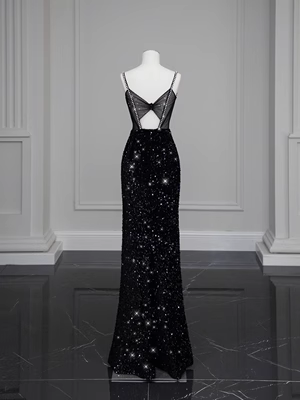 Luxus Meerjungfrauen-Pailletten-Abendkleid Schwarz Langes Ballkleid P557