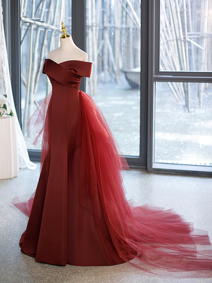 Meerjungfrau V-Ausschnitt Satin langes bordeauxrotes Ballkleid mit Schleife P575