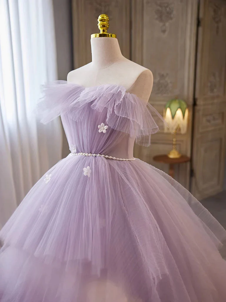Ball Gown Strapless Lilac Tulle Long Prom Dresses with Pearls Belt P519
