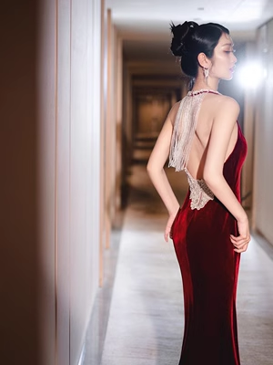Luxus Meerjungfrau Samt Abendkleid Rot Langes Ballkleid P556
