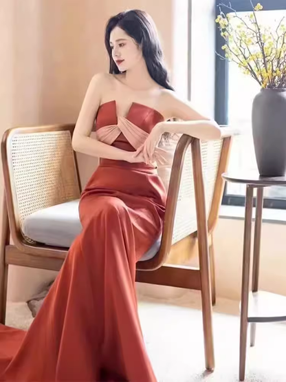 Robe de bal sirène en satin rouge rouille, longues robes de bal P551